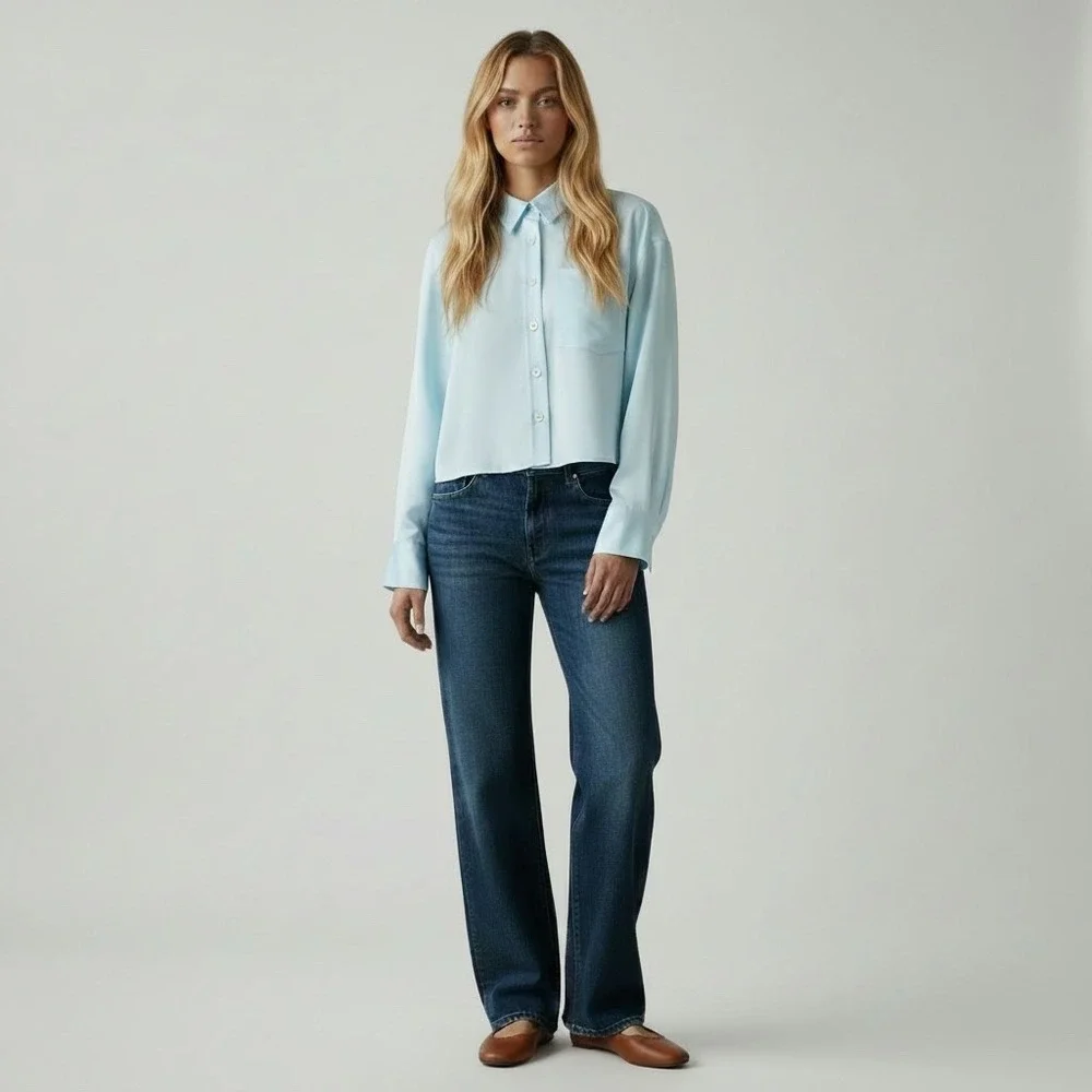 NWT J.Crew | 2025 Etienne Cropped Button-Up Shirt S Blue Duchesse‎ Satin CQ187